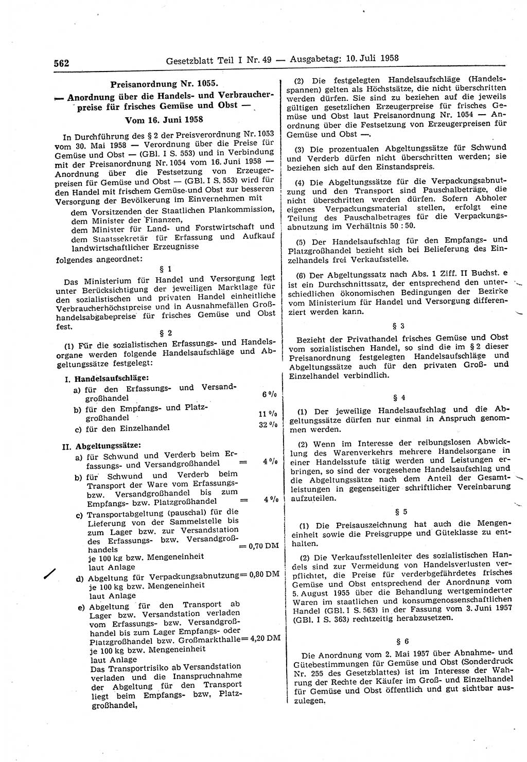 Gesetzblatt (GBl.) der Deutschen Demokratischen Republik (DDR) Teil Ⅰ 1958, Seite 562 (GBl. DDR Ⅰ 1958, S. 562)