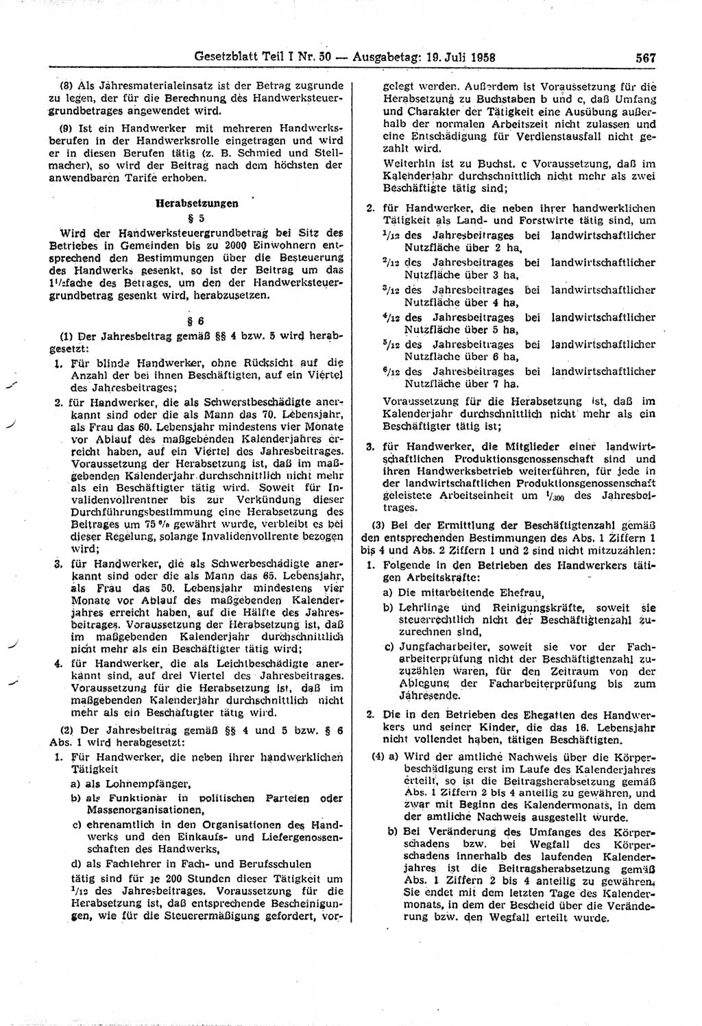 Gesetzblatt (GBl.) der Deutschen Demokratischen Republik (DDR) Teil Ⅰ 1958, Seite 567 (GBl. DDR Ⅰ 1958, S. 567)