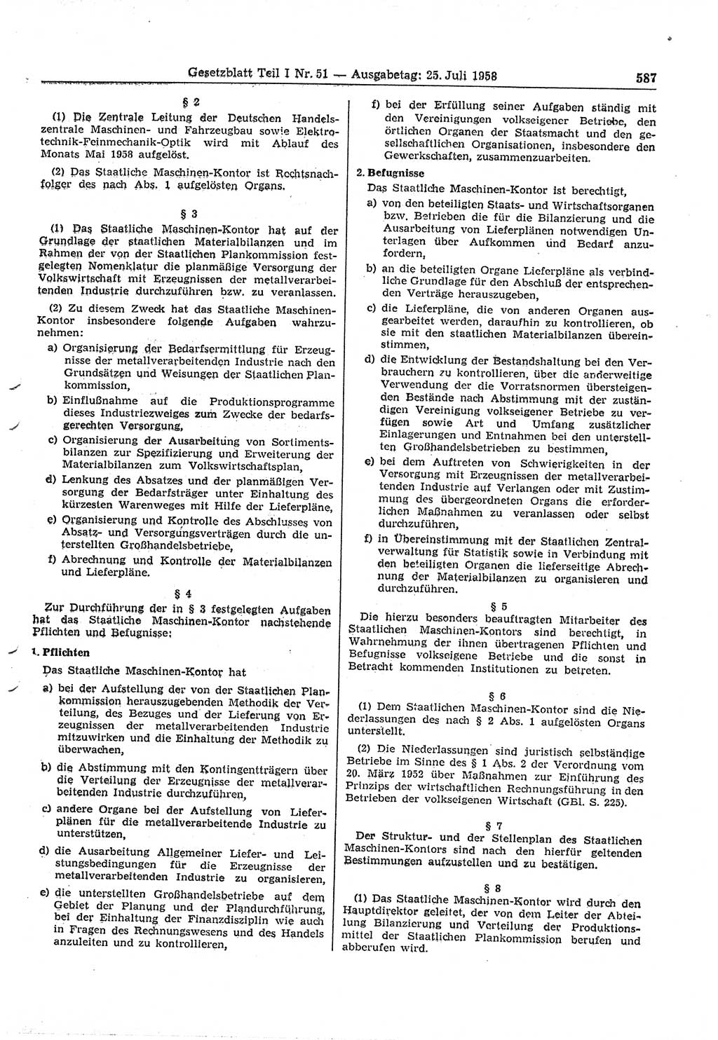 Gesetzblatt (GBl.) der Deutschen Demokratischen Republik (DDR) Teil Ⅰ 1958, Seite 587 (GBl. DDR Ⅰ 1958, S. 587)