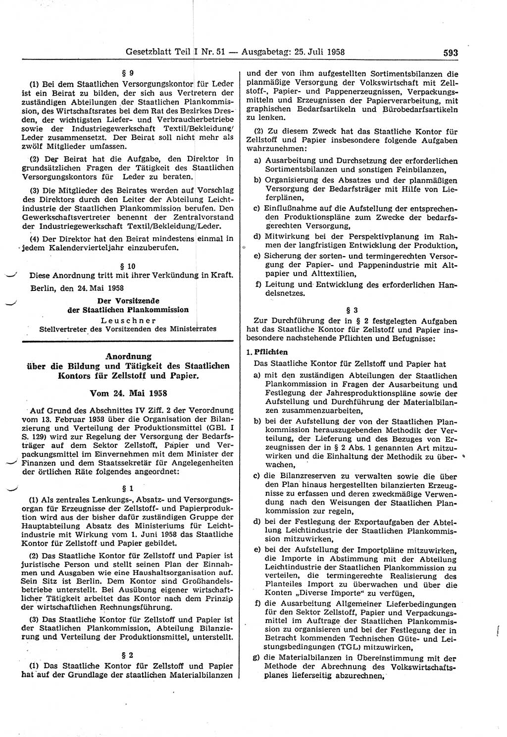 Gesetzblatt (GBl.) der Deutschen Demokratischen Republik (DDR) Teil Ⅰ 1958, Seite 593 (GBl. DDR Ⅰ 1958, S. 593)