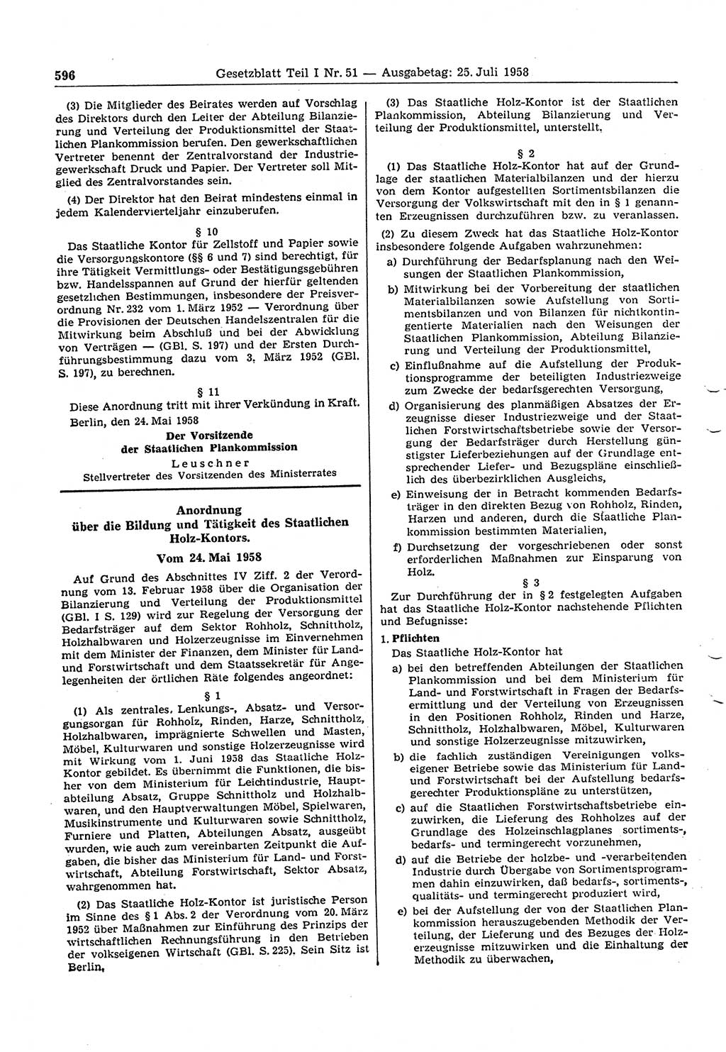 Gesetzblatt (GBl.) der Deutschen Demokratischen Republik (DDR) Teil Ⅰ 1958, Seite 596 (GBl. DDR Ⅰ 1958, S. 596)