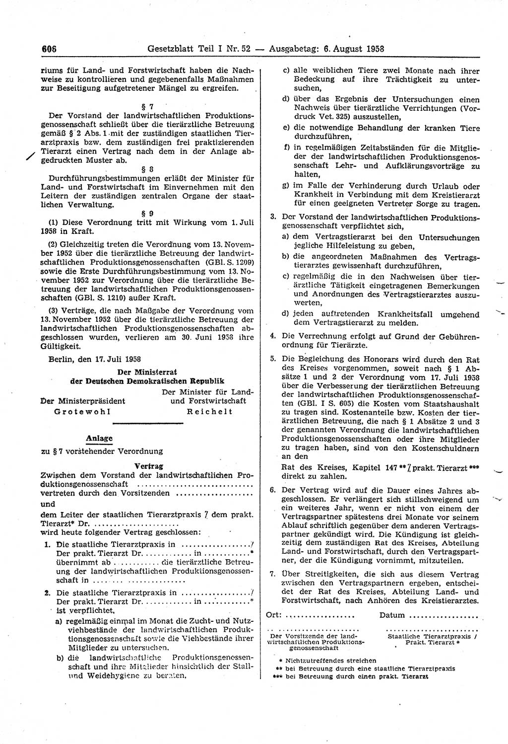 Gesetzblatt (GBl.) der Deutschen Demokratischen Republik (DDR) Teil Ⅰ 1958, Seite 606 (GBl. DDR Ⅰ 1958, S. 606)