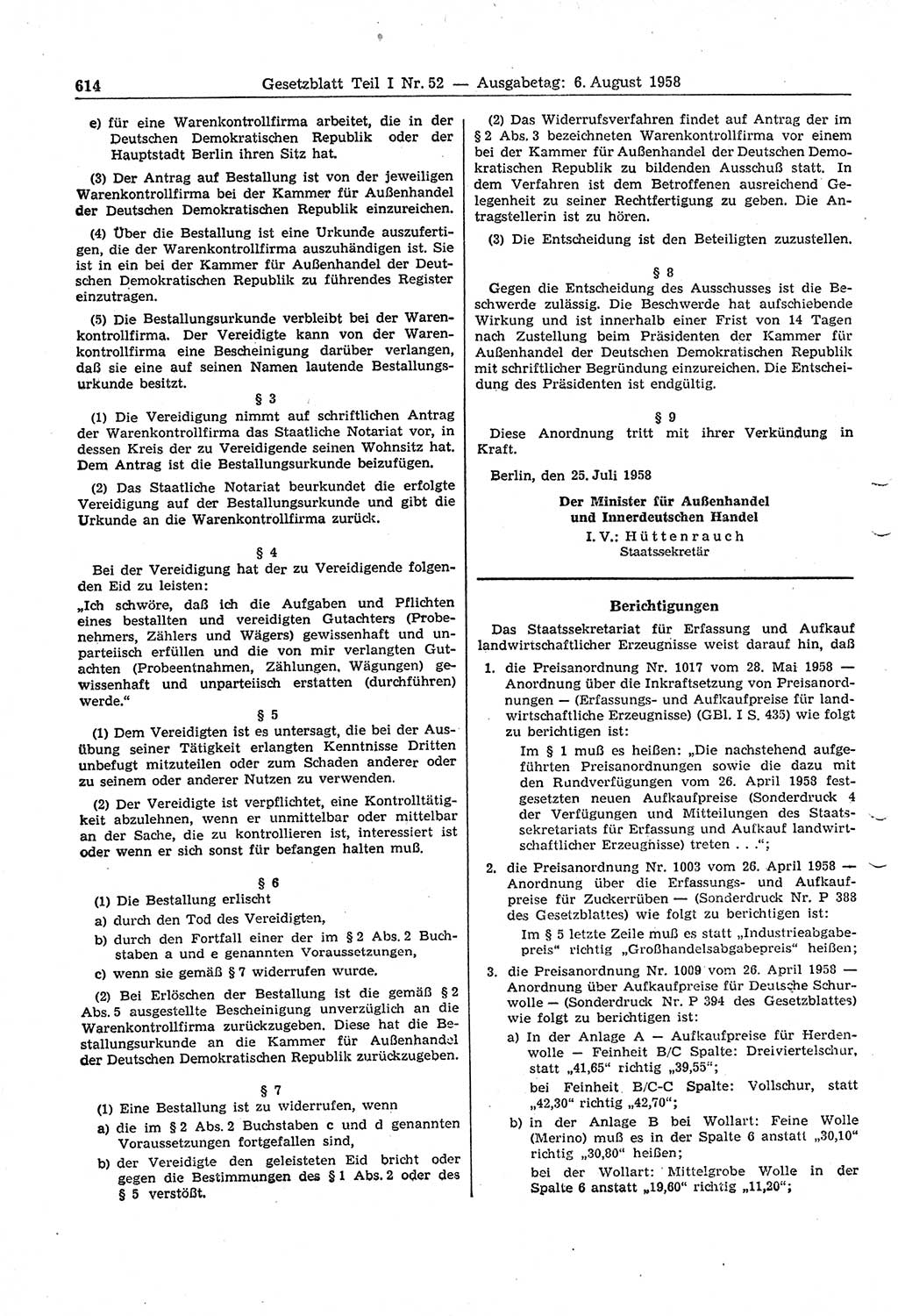 Gesetzblatt (GBl.) der Deutschen Demokratischen Republik (DDR) Teil Ⅰ 1958, Seite 614 (GBl. DDR Ⅰ 1958, S. 614)