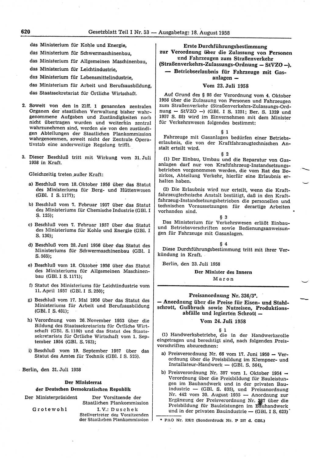 Gesetzblatt (GBl.) der Deutschen Demokratischen Republik (DDR) Teil Ⅰ 1958, Seite 620 (GBl. DDR Ⅰ 1958, S. 620)