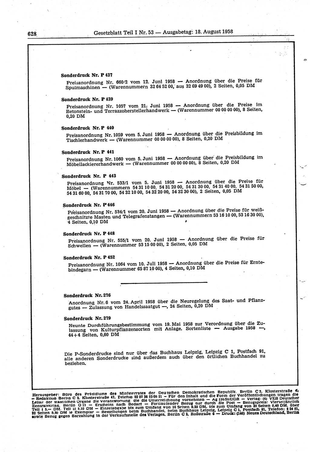 Gesetzblatt (GBl.) der Deutschen Demokratischen Republik (DDR) Teil Ⅰ 1958, Seite 628 (GBl. DDR Ⅰ 1958, S. 628)