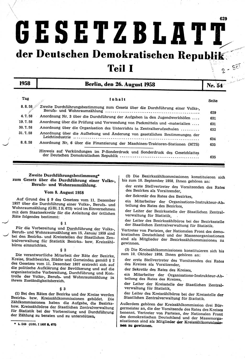 Gesetzblatt (GBl.) der Deutschen Demokratischen Republik (DDR) Teil Ⅰ 1958, Seite 629 (GBl. DDR Ⅰ 1958, S. 629)