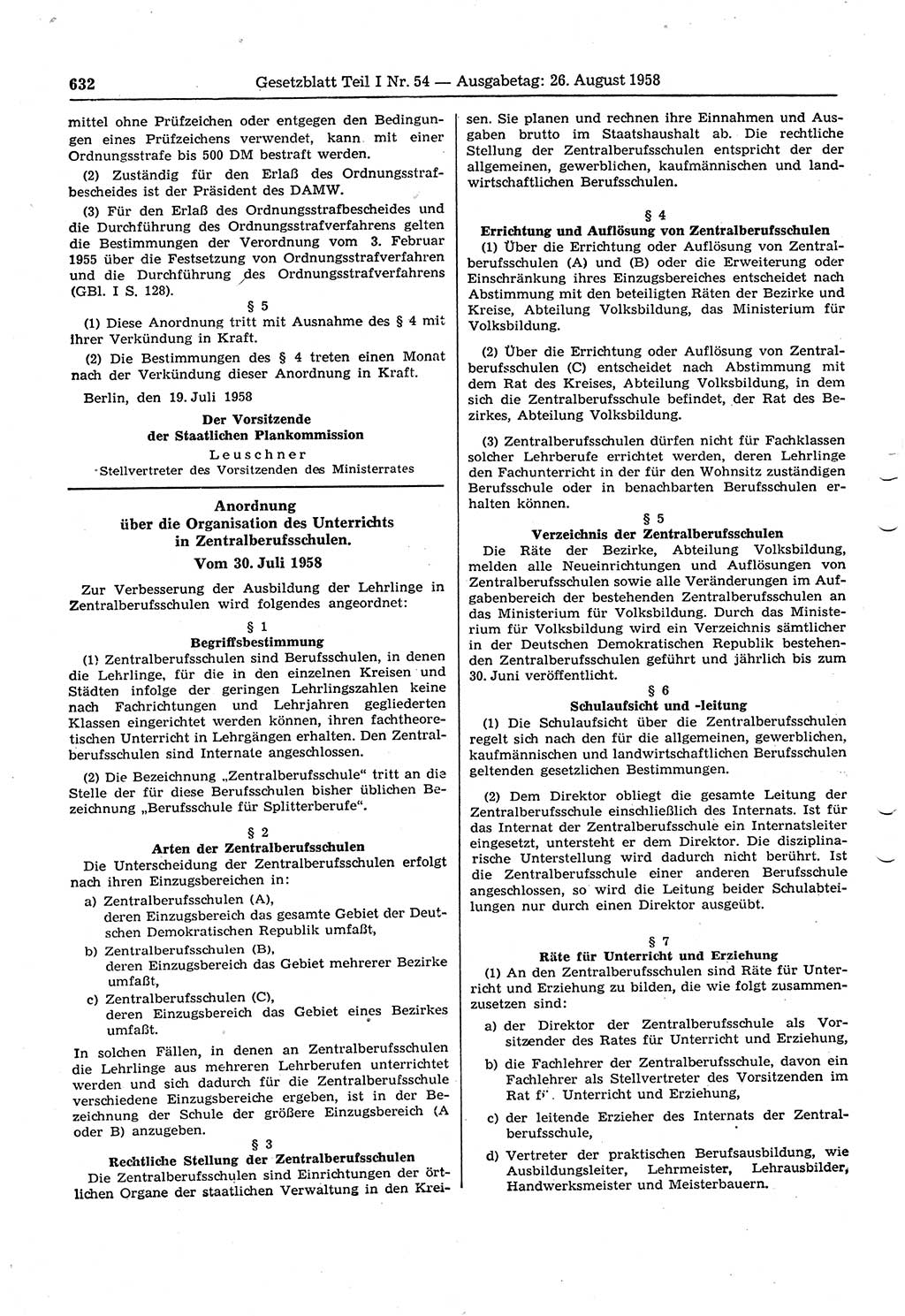 Gesetzblatt (GBl.) der Deutschen Demokratischen Republik (DDR) Teil Ⅰ 1958, Seite 632 (GBl. DDR Ⅰ 1958, S. 632)