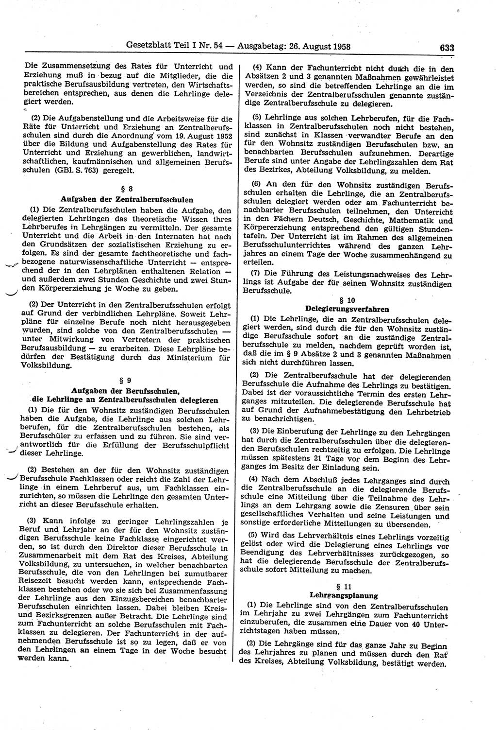 Gesetzblatt (GBl.) der Deutschen Demokratischen Republik (DDR) Teil Ⅰ 1958, Seite 633 (GBl. DDR Ⅰ 1958, S. 633)