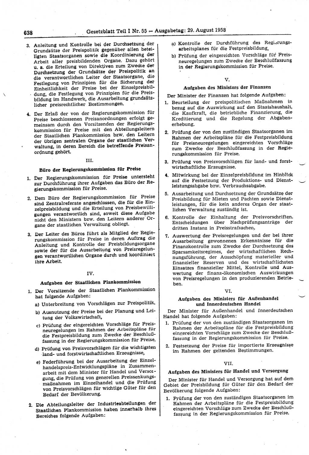 Gesetzblatt (GBl.) der Deutschen Demokratischen Republik (DDR) Teil Ⅰ 1958, Seite 638 (GBl. DDR Ⅰ 1958, S. 638)