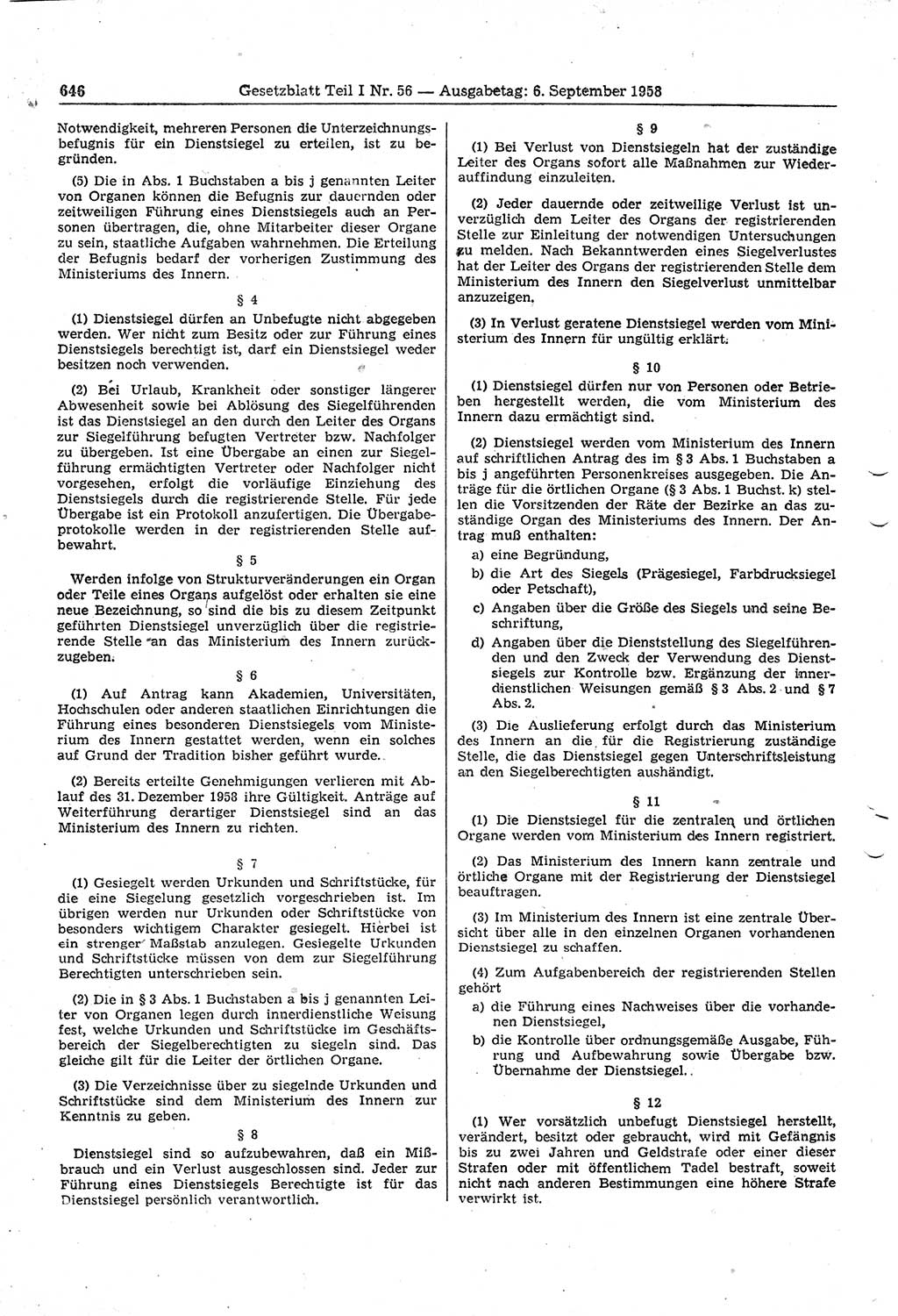 Gesetzblatt (GBl.) der Deutschen Demokratischen Republik (DDR) Teil Ⅰ 1958, Seite 646 (GBl. DDR Ⅰ 1958, S. 646)