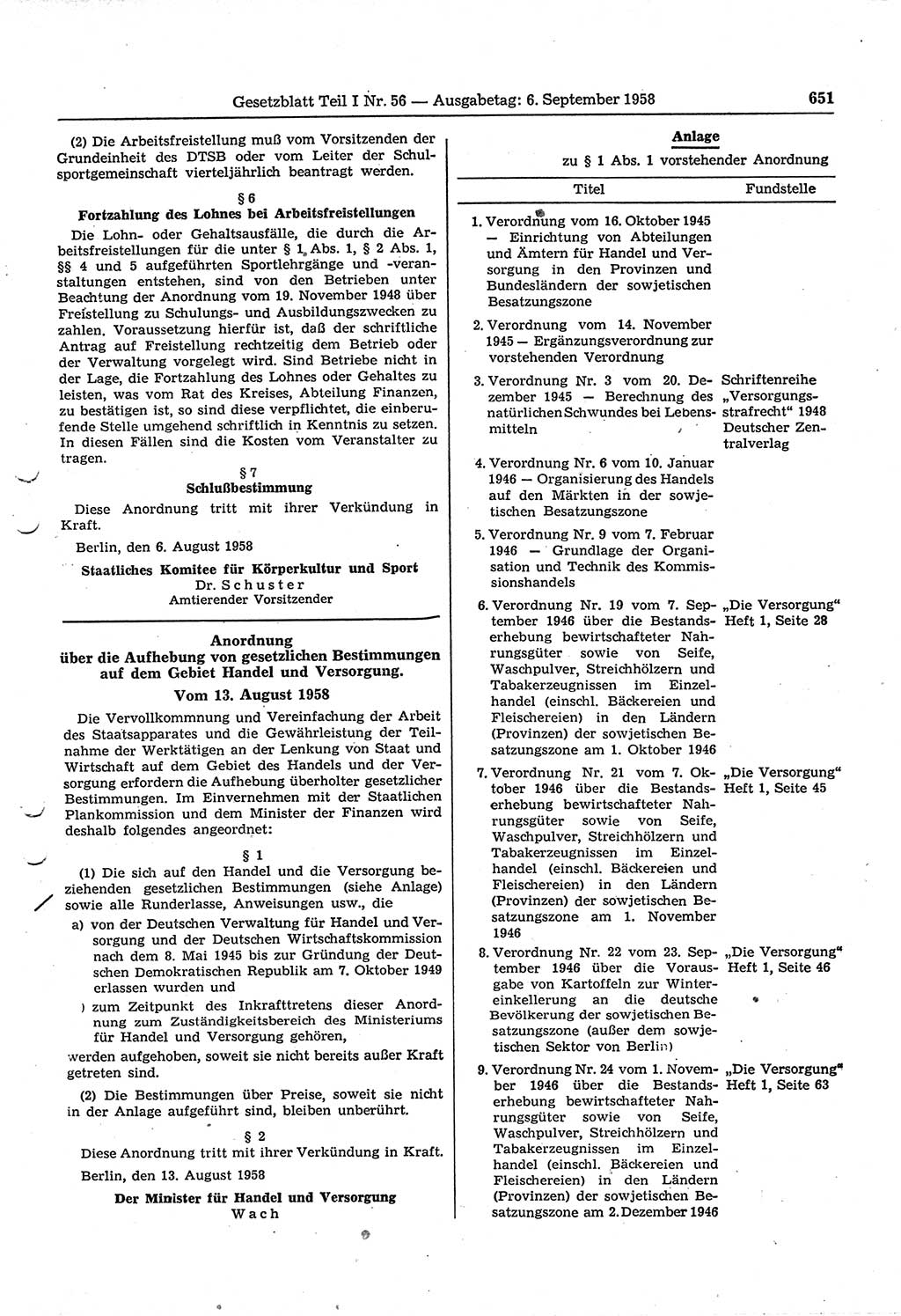 Gesetzblatt (GBl.) der Deutschen Demokratischen Republik (DDR) Teil Ⅰ 1958, Seite 651 (GBl. DDR Ⅰ 1958, S. 651)