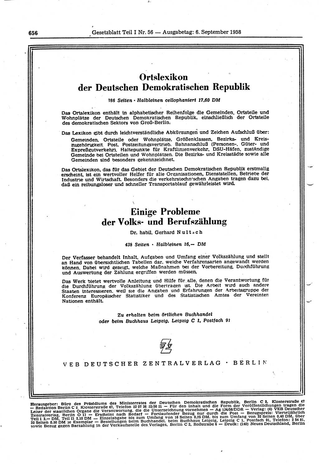 Gesetzblatt (GBl.) der Deutschen Demokratischen Republik (DDR) Teil Ⅰ 1958, Seite 656 (GBl. DDR Ⅰ 1958, S. 656)