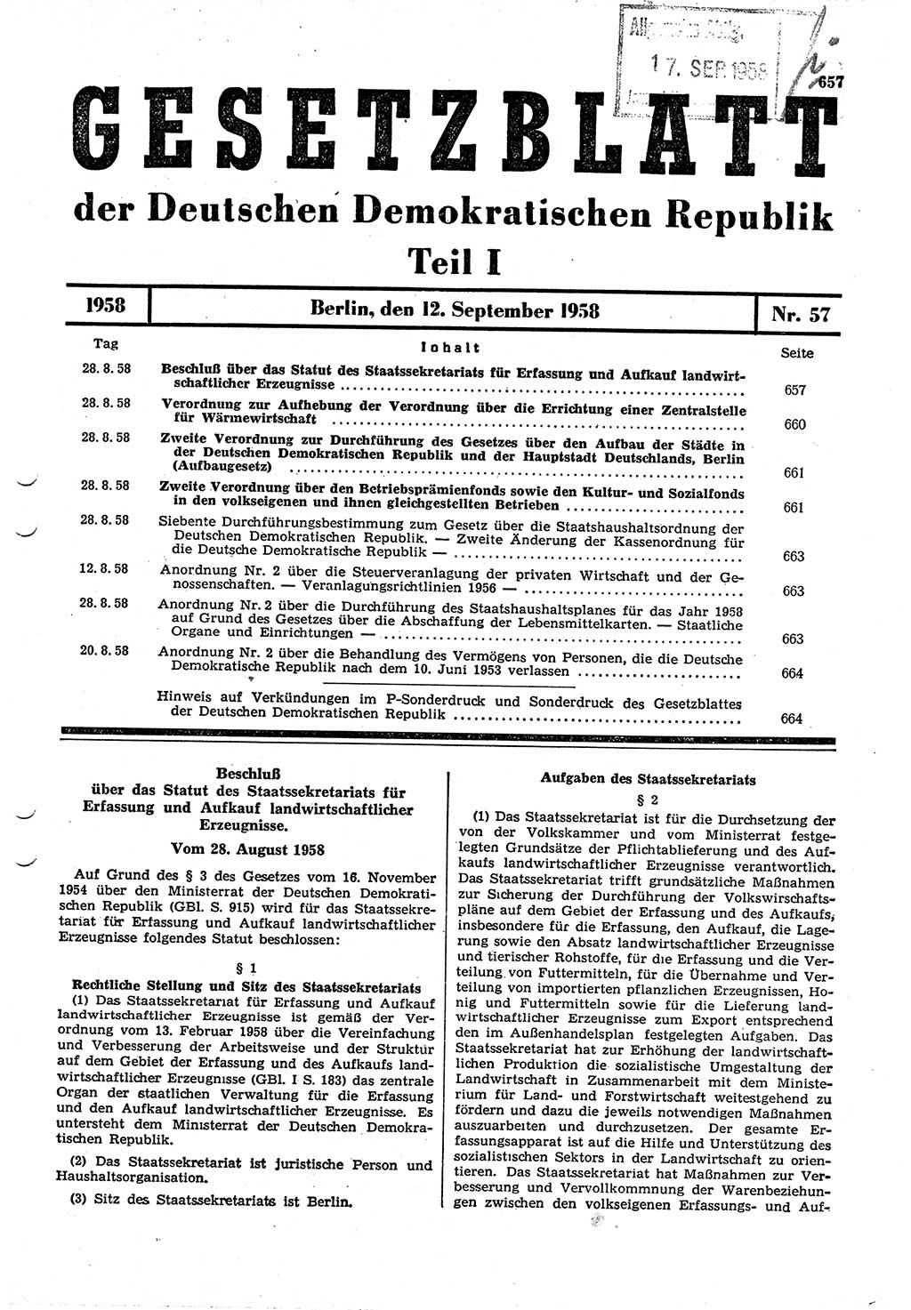 Gesetzblatt (GBl.) der Deutschen Demokratischen Republik (DDR) Teil Ⅰ 1958, Seite 657 (GBl. DDR Ⅰ 1958, S. 657)