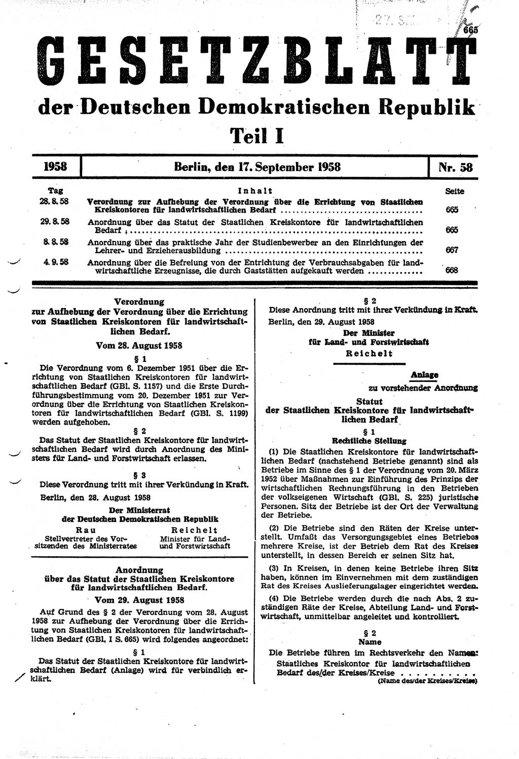 Gesetzblatt (GBl.) der Deutschen Demokratischen Republik (DDR) Teil Ⅰ 1958, Seite 665 (GBl. DDR Ⅰ 1958, S. 665)