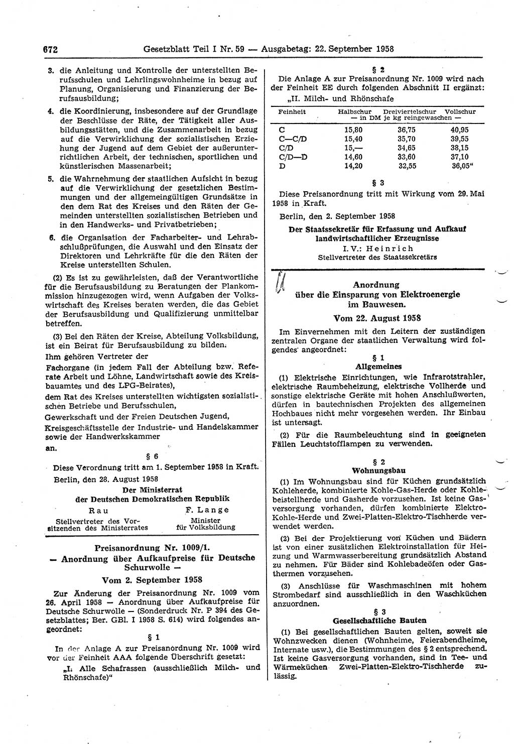 Gesetzblatt (GBl.) der Deutschen Demokratischen Republik (DDR) Teil Ⅰ 1958, Seite 672 (GBl. DDR Ⅰ 1958, S. 672)