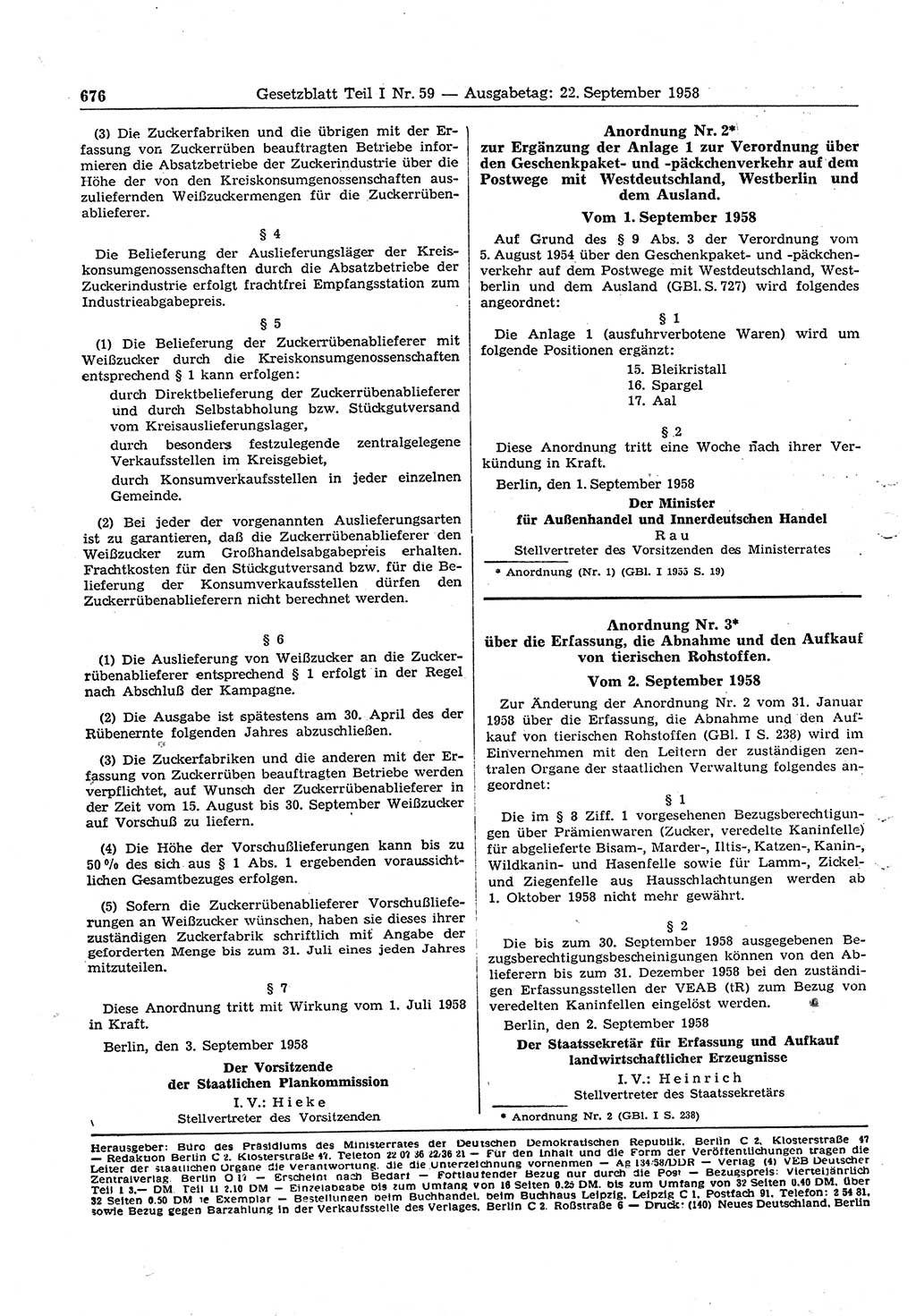 Gesetzblatt (GBl.) der Deutschen Demokratischen Republik (DDR) Teil Ⅰ 1958, Seite 676 (GBl. DDR Ⅰ 1958, S. 676)