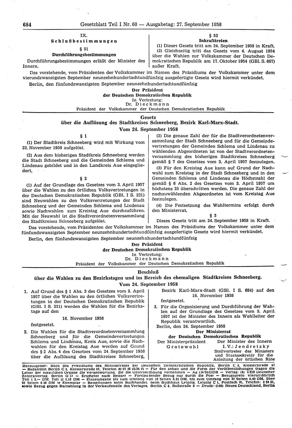 Gesetzblatt (GBl.) der Deutschen Demokratischen Republik (DDR) Teil Ⅰ 1958, Seite 684 (GBl. DDR Ⅰ 1958, S. 684)