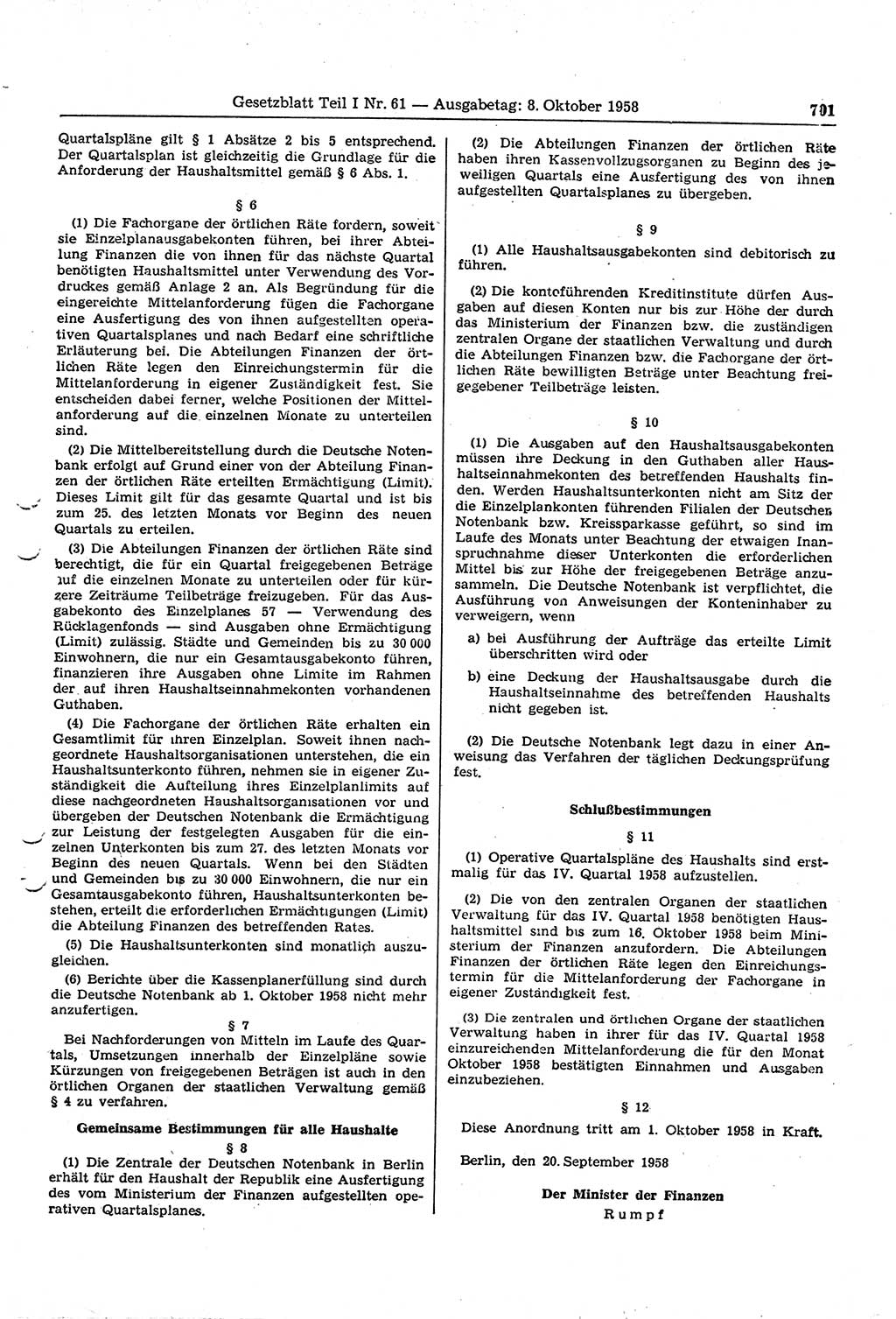 Gesetzblatt (GBl.) der Deutschen Demokratischen Republik (DDR) Teil Ⅰ 1958, Seite 701 (GBl. DDR Ⅰ 1958, S. 701)