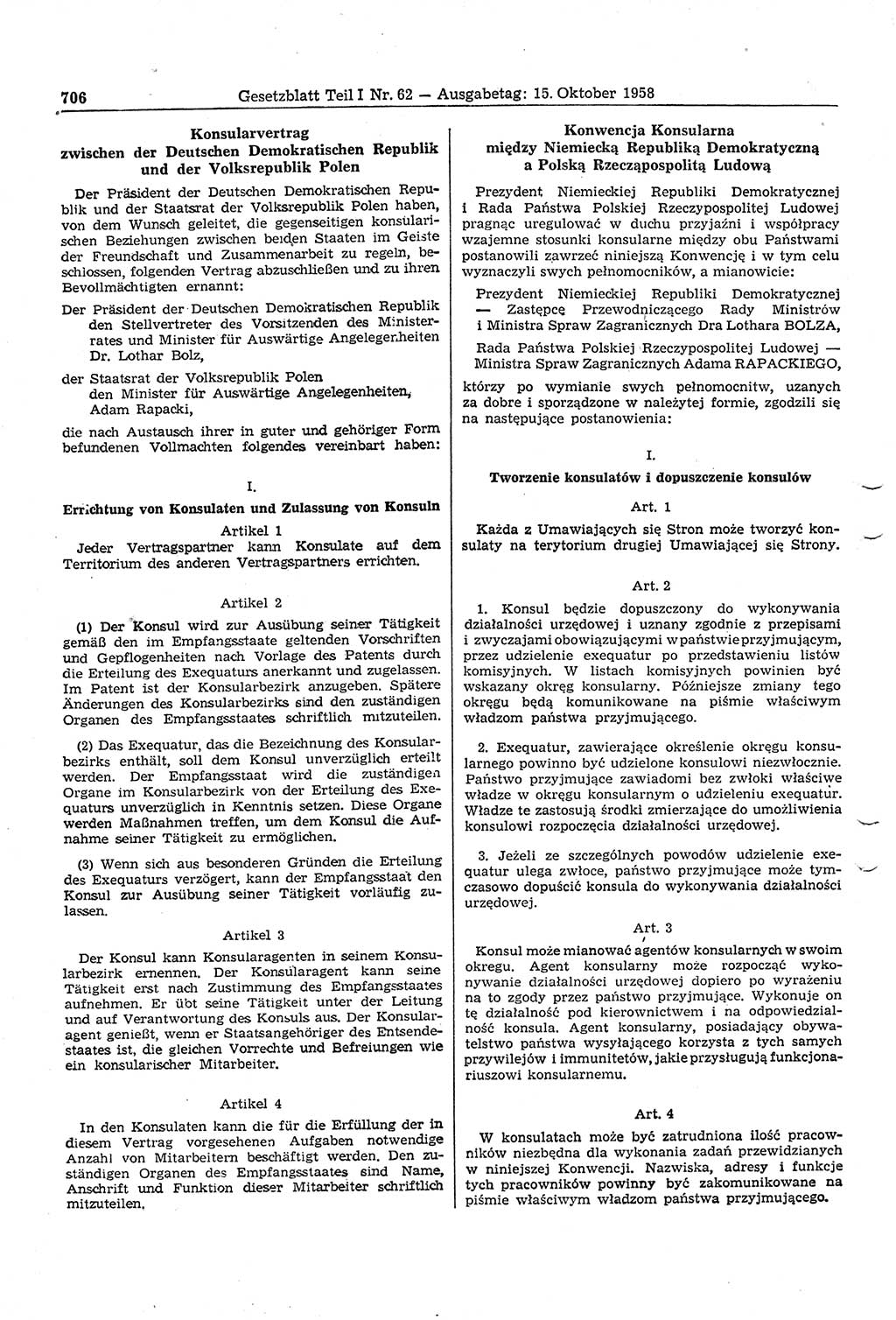 Gesetzblatt (GBl.) der Deutschen Demokratischen Republik (DDR) Teil Ⅰ 1958, Seite 706 (GBl. DDR Ⅰ 1958, S. 706)
