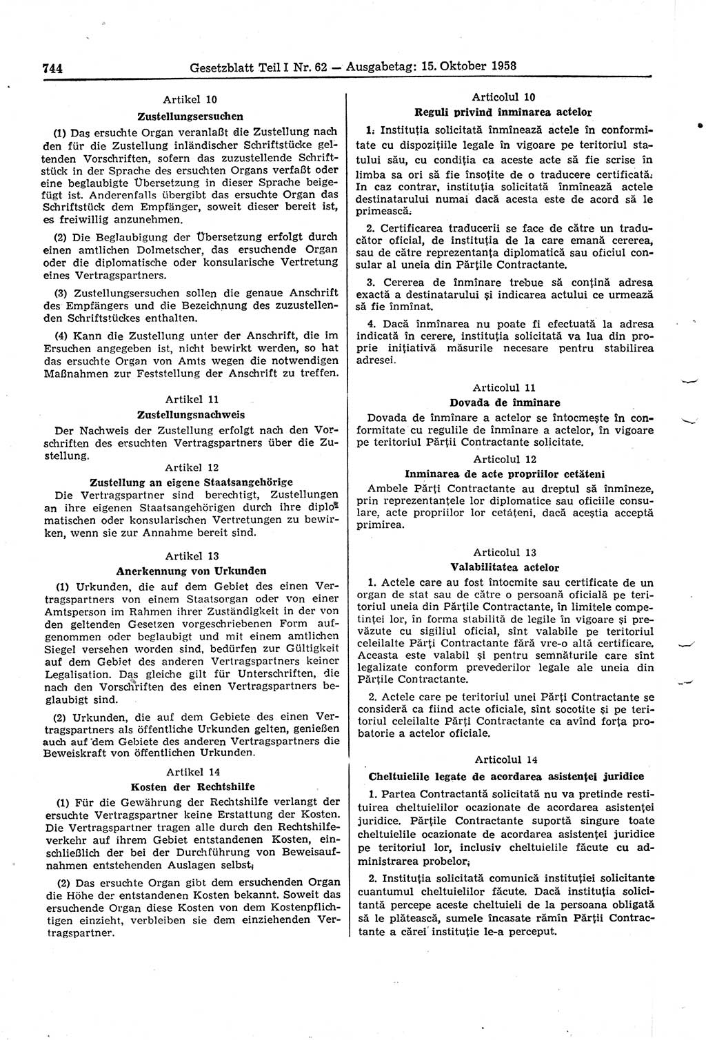 Gesetzblatt (GBl.) der Deutschen Demokratischen Republik (DDR) Teil Ⅰ 1958, Seite 744 (GBl. DDR Ⅰ 1958, S. 744)