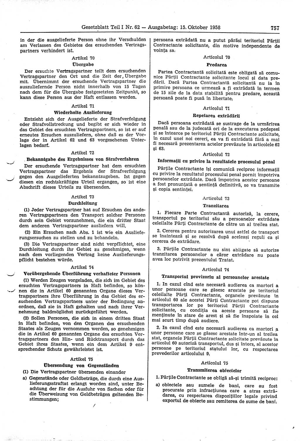 Gesetzblatt (GBl.) der Deutschen Demokratischen Republik (DDR) Teil Ⅰ 1958, Seite 757 (GBl. DDR Ⅰ 1958, S. 757)