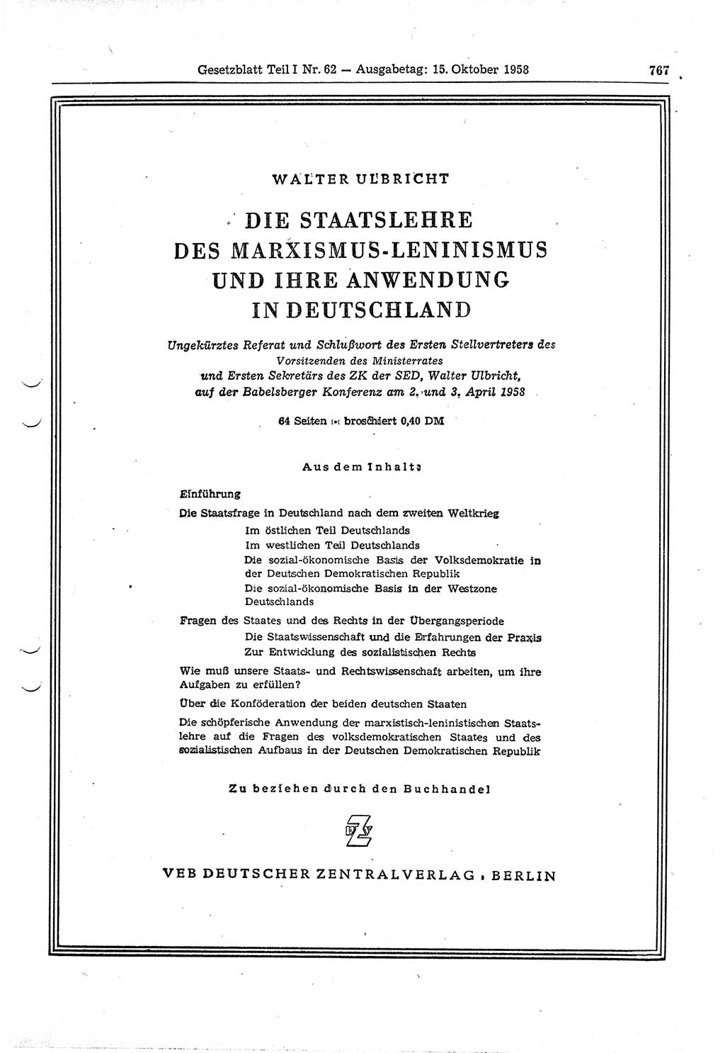 Gesetzblatt (GBl.) der Deutschen Demokratischen Republik (DDR) Teil Ⅰ 1958, Seite 767 (GBl. DDR Ⅰ 1958, S. 767)