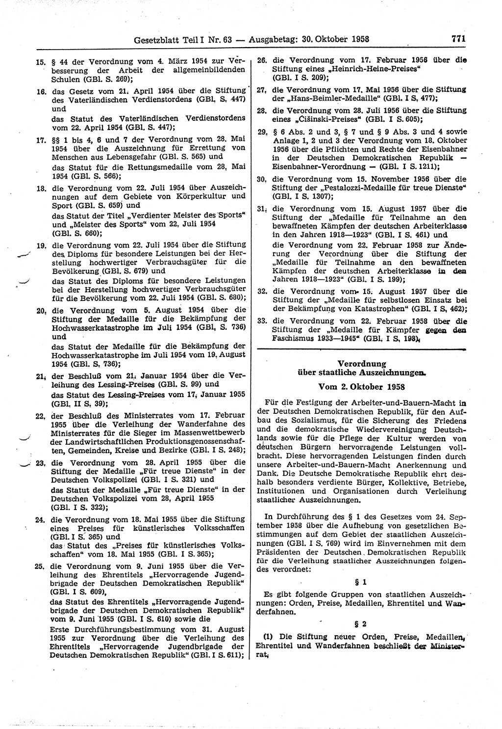 Gesetzblatt (GBl.) der Deutschen Demokratischen Republik (DDR) Teil Ⅰ 1958, Seite 771 (GBl. DDR Ⅰ 1958, S. 771)