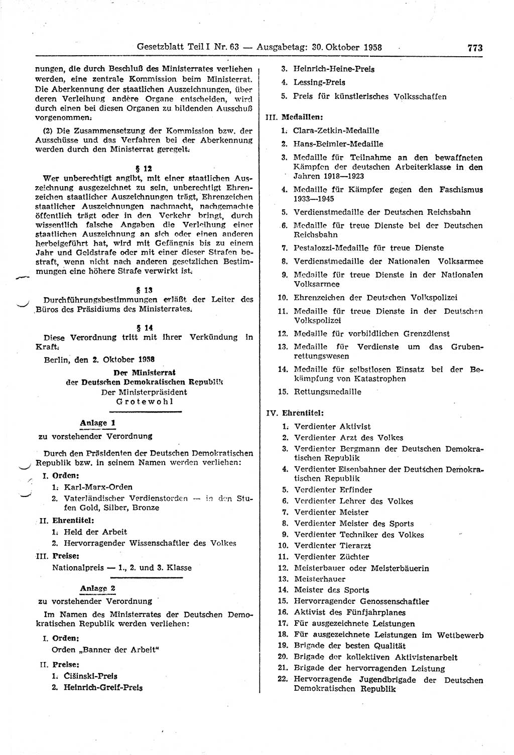 Gesetzblatt (GBl.) der Deutschen Demokratischen Republik (DDR) Teil Ⅰ 1958, Seite 773 (GBl. DDR Ⅰ 1958, S. 773)