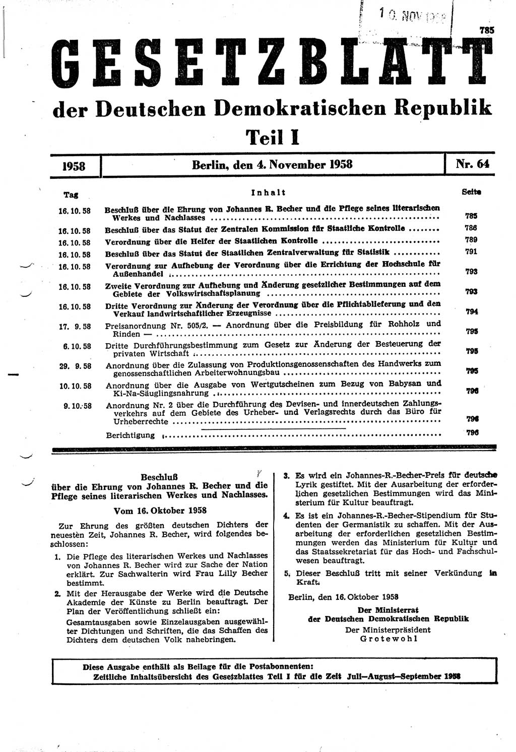 Gesetzblatt (GBl.) der Deutschen Demokratischen Republik (DDR) Teil Ⅰ 1958, Seite 785 (GBl. DDR Ⅰ 1958, S. 785)