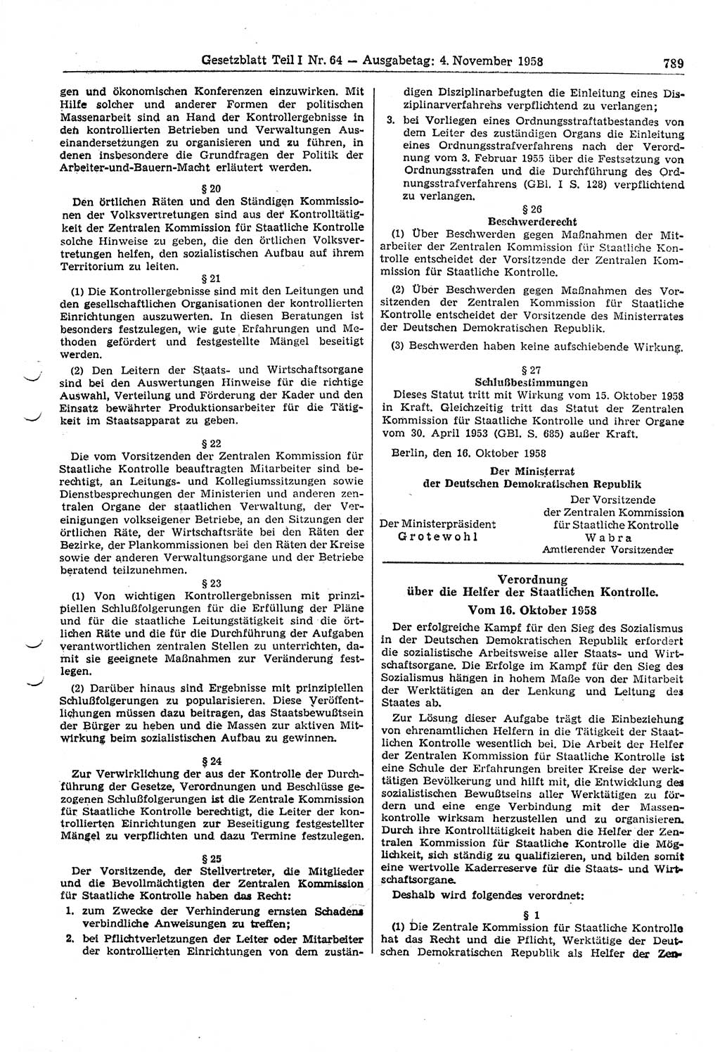 Gesetzblatt (GBl.) der Deutschen Demokratischen Republik (DDR) Teil â… 1958, Seite 789 (GBl. DDR â… 1958, S. 789)