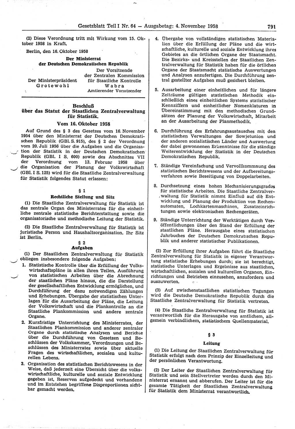 Gesetzblatt (GBl.) der Deutschen Demokratischen Republik (DDR) Teil Ⅰ 1958, Seite 791 (GBl. DDR Ⅰ 1958, S. 791)