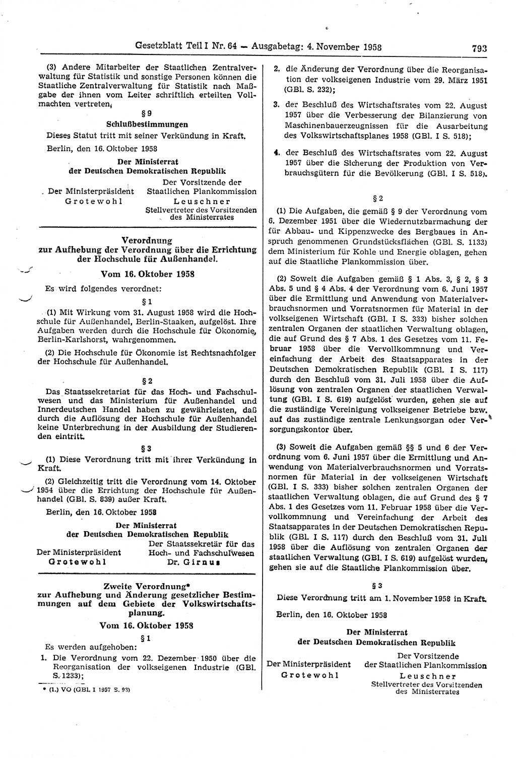 Gesetzblatt (GBl.) der Deutschen Demokratischen Republik (DDR) Teil Ⅰ 1958, Seite 793 (GBl. DDR Ⅰ 1958, S. 793)