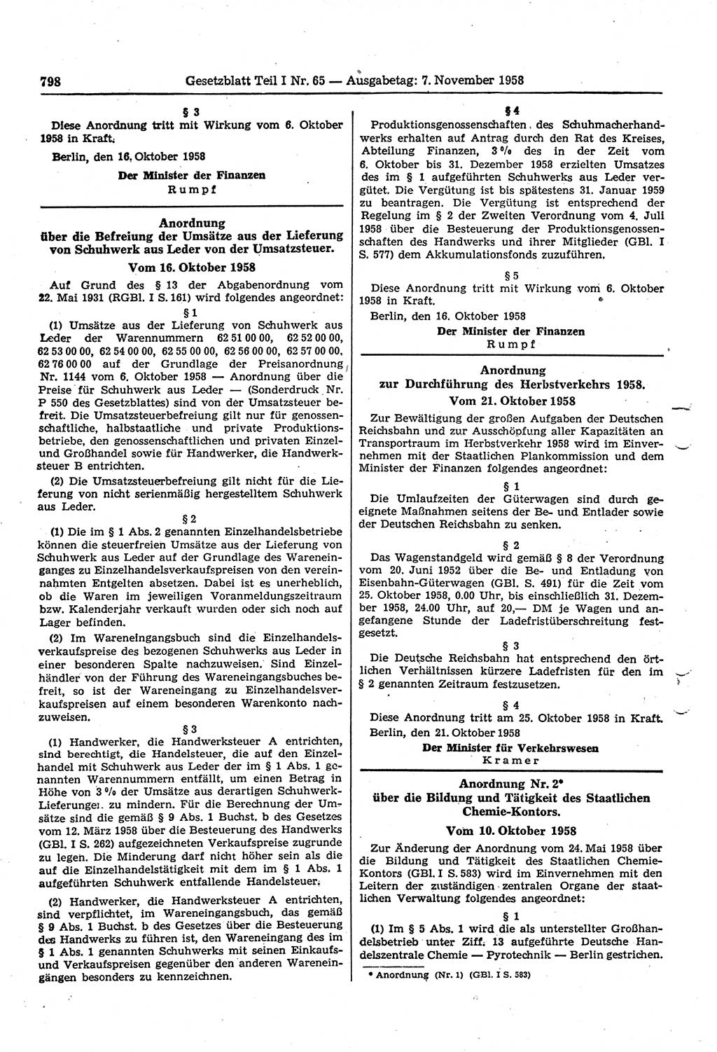 Gesetzblatt (GBl.) der Deutschen Demokratischen Republik (DDR) Teil Ⅰ 1958, Seite 798 (GBl. DDR Ⅰ 1958, S. 798)