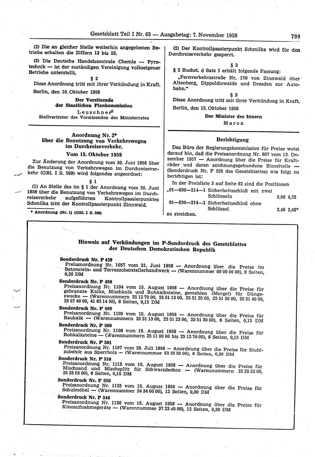 Gesetzblatt (GBl.) der Deutschen Demokratischen Republik (DDR) Teil Ⅰ 1958, Seite 799 (GBl. DDR Ⅰ 1958, S. 799)