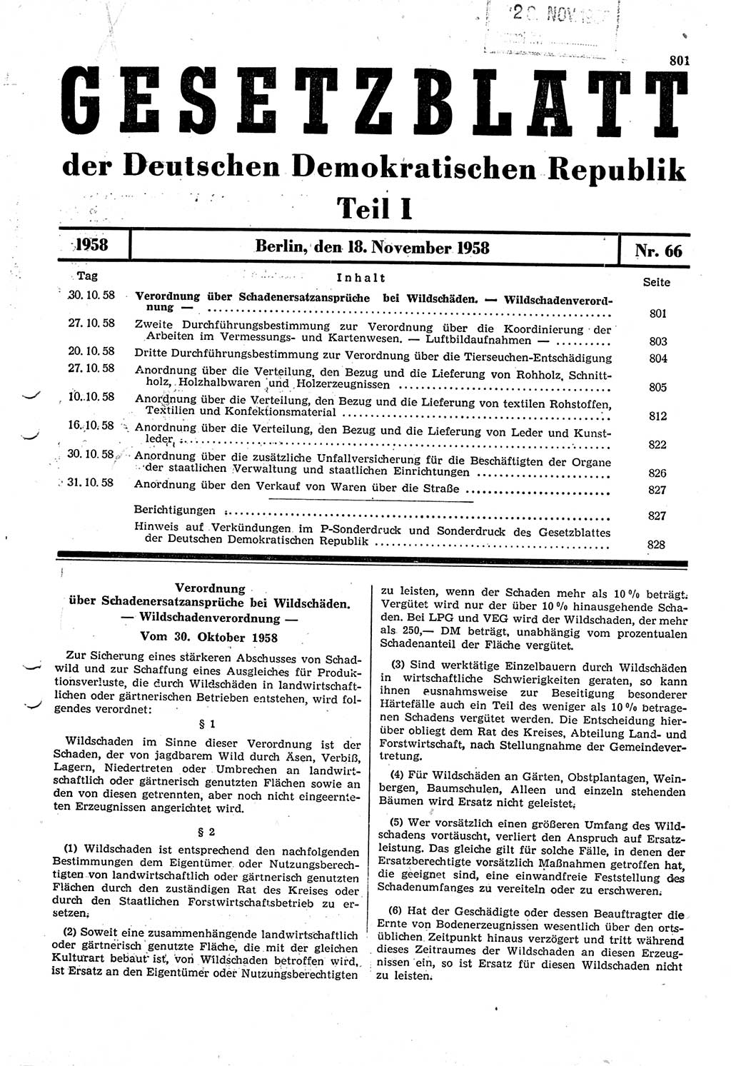 Gesetzblatt (GBl.) der Deutschen Demokratischen Republik (DDR) Teil Ⅰ 1958, Seite 801 (GBl. DDR Ⅰ 1958, S. 801)
