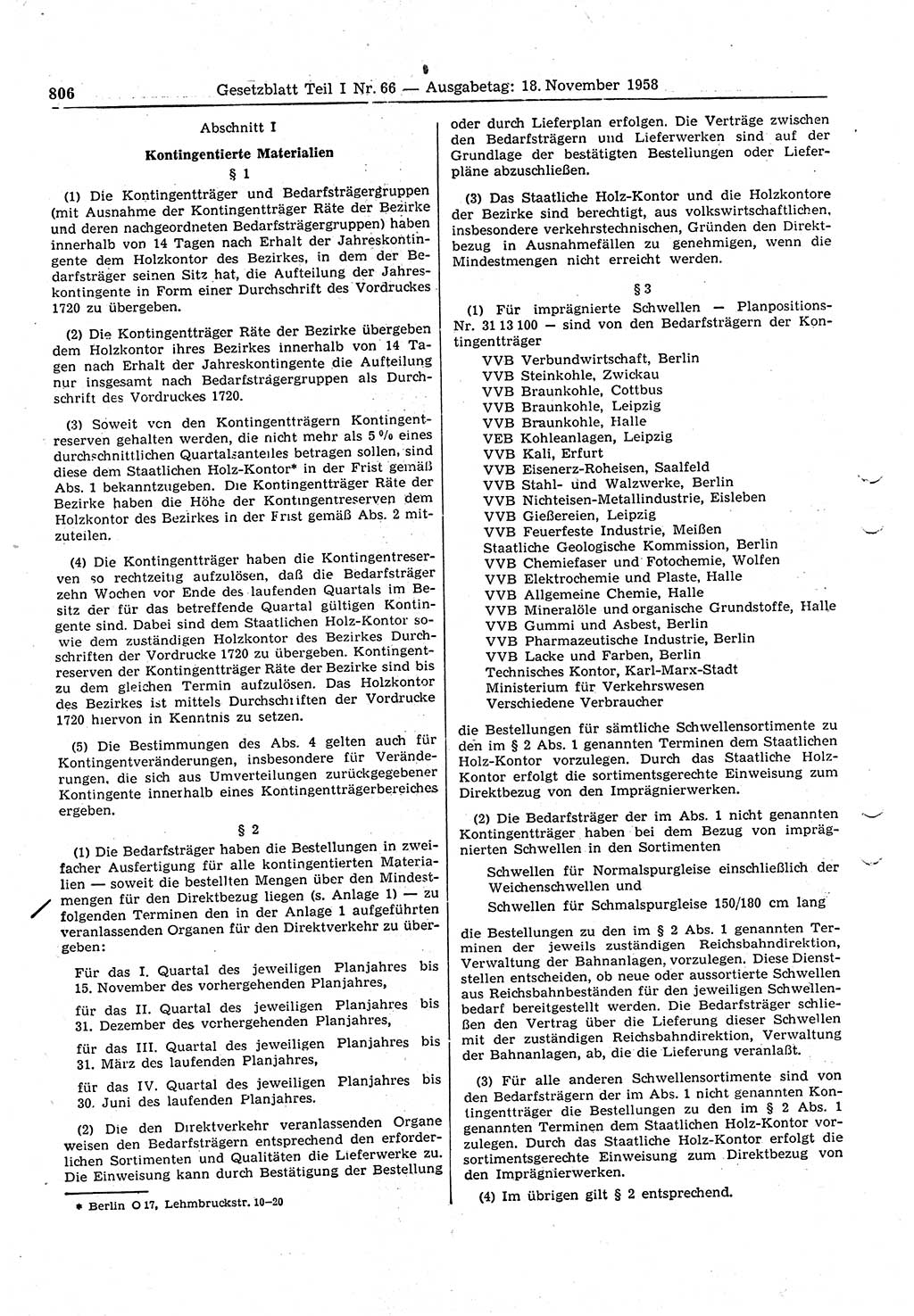 Gesetzblatt (GBl.) der Deutschen Demokratischen Republik (DDR) Teil Ⅰ 1958, Seite 806 (GBl. DDR Ⅰ 1958, S. 806)
