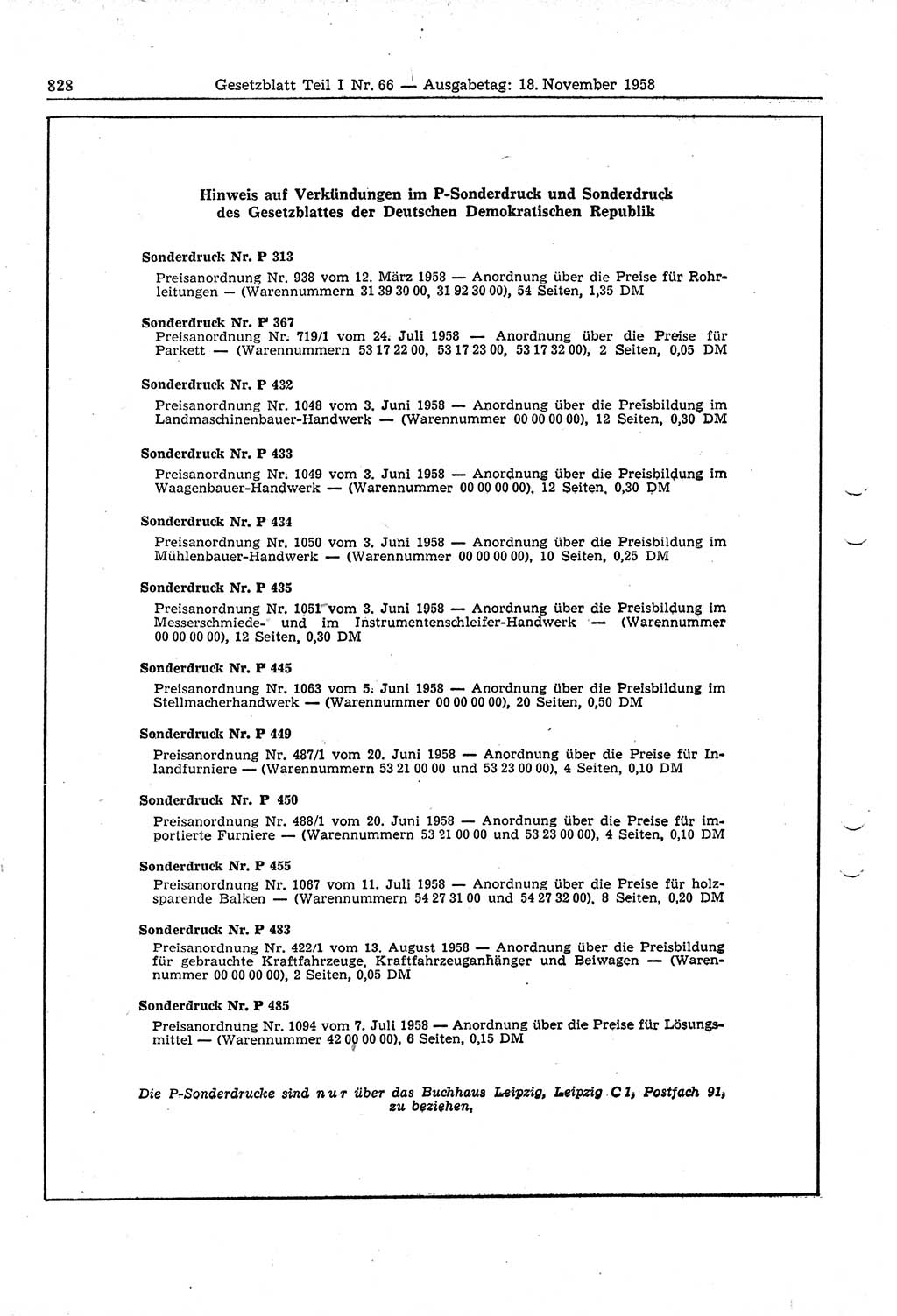 Gesetzblatt (GBl.) der Deutschen Demokratischen Republik (DDR) Teil Ⅰ 1958, Seite 828 (GBl. DDR Ⅰ 1958, S. 828)