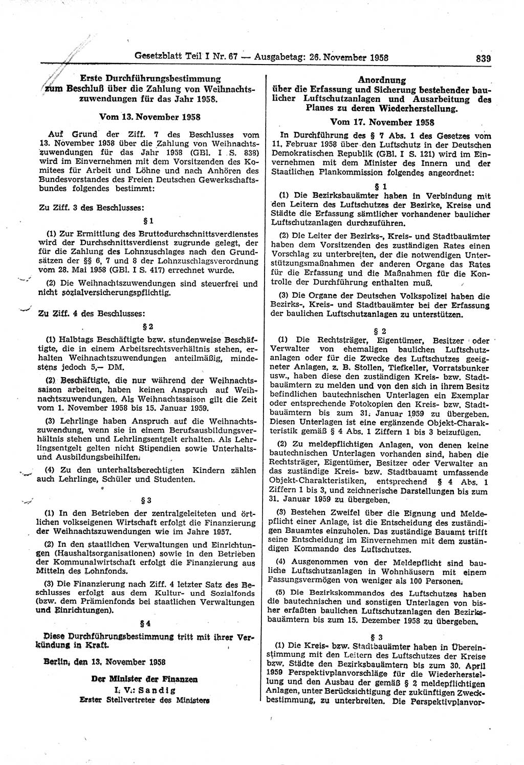 Gesetzblatt (GBl.) der Deutschen Demokratischen Republik (DDR) Teil Ⅰ 1958, Seite 839 (GBl. DDR Ⅰ 1958, S. 839)