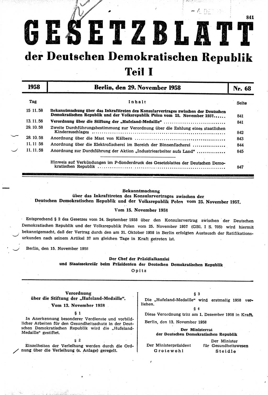 Gesetzblatt (GBl.) der Deutschen Demokratischen Republik (DDR) Teil Ⅰ 1958, Seite 841 (GBl. DDR Ⅰ 1958, S. 841)