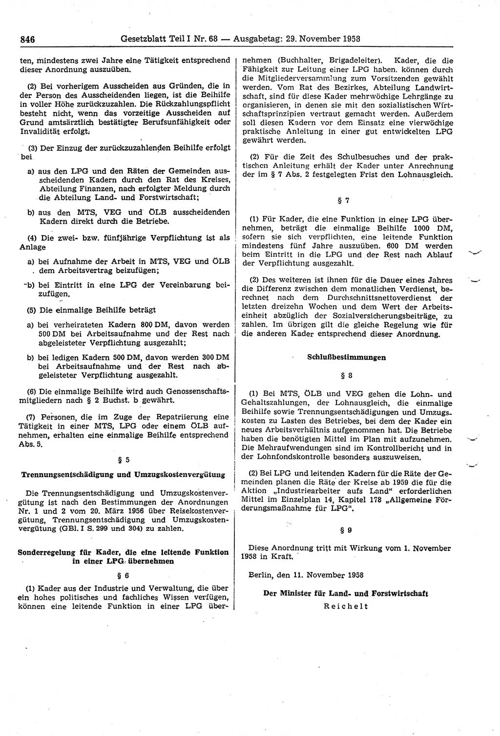 Gesetzblatt (GBl.) der Deutschen Demokratischen Republik (DDR) Teil Ⅰ 1958, Seite 846 (GBl. DDR Ⅰ 1958, S. 846)