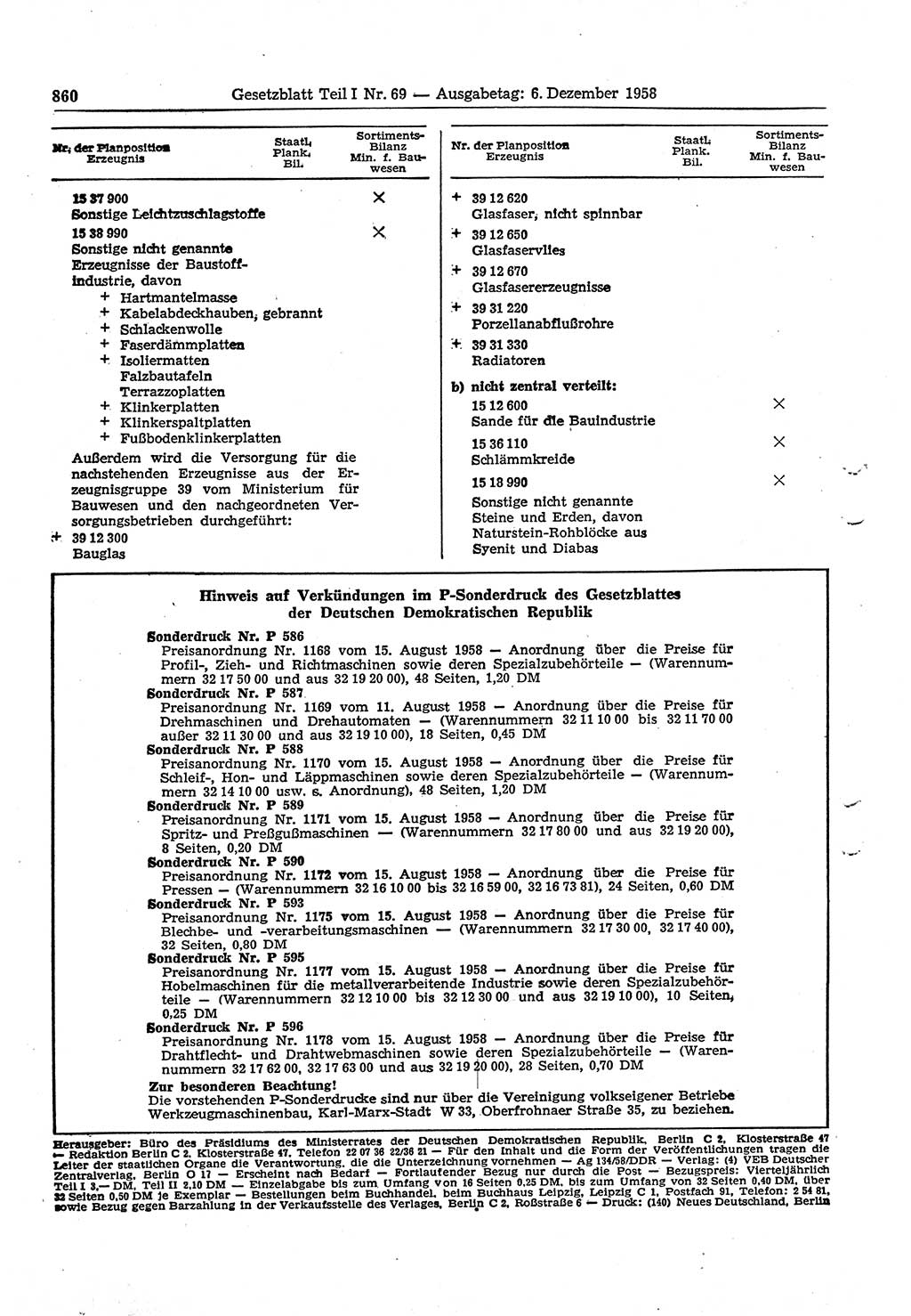 Gesetzblatt (GBl.) der Deutschen Demokratischen Republik (DDR) Teil Ⅰ 1958, Seite 860 (GBl. DDR Ⅰ 1958, S. 860)