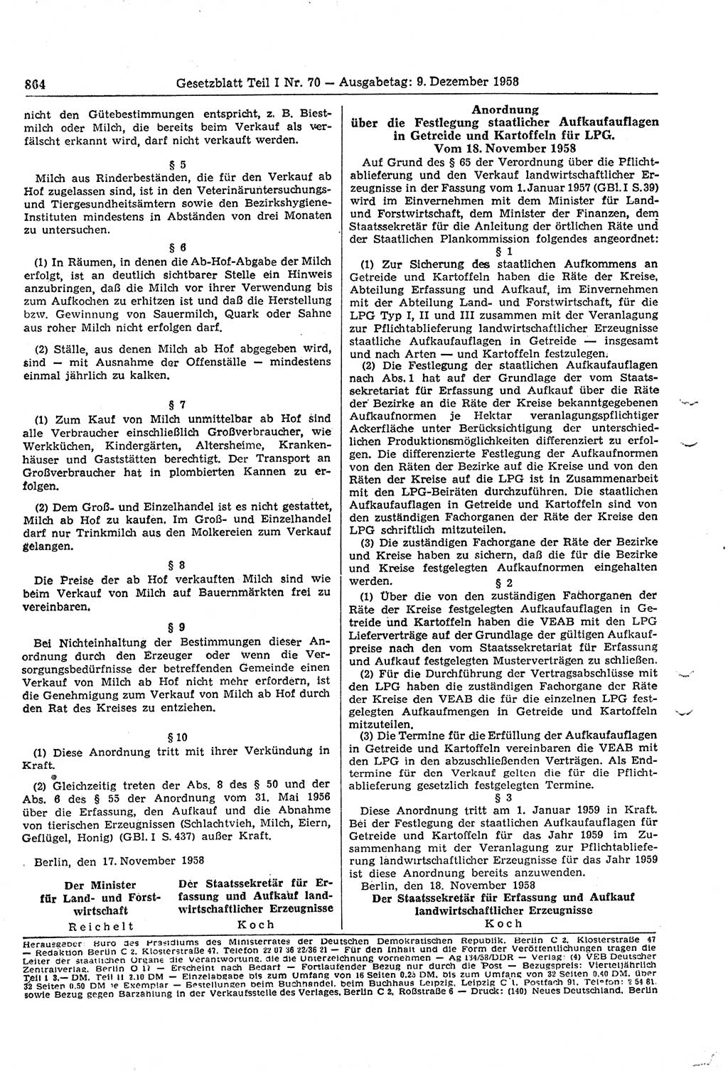 Gesetzblatt (GBl.) der Deutschen Demokratischen Republik (DDR) Teil Ⅰ 1958, Seite 864 (GBl. DDR Ⅰ 1958, S. 864)