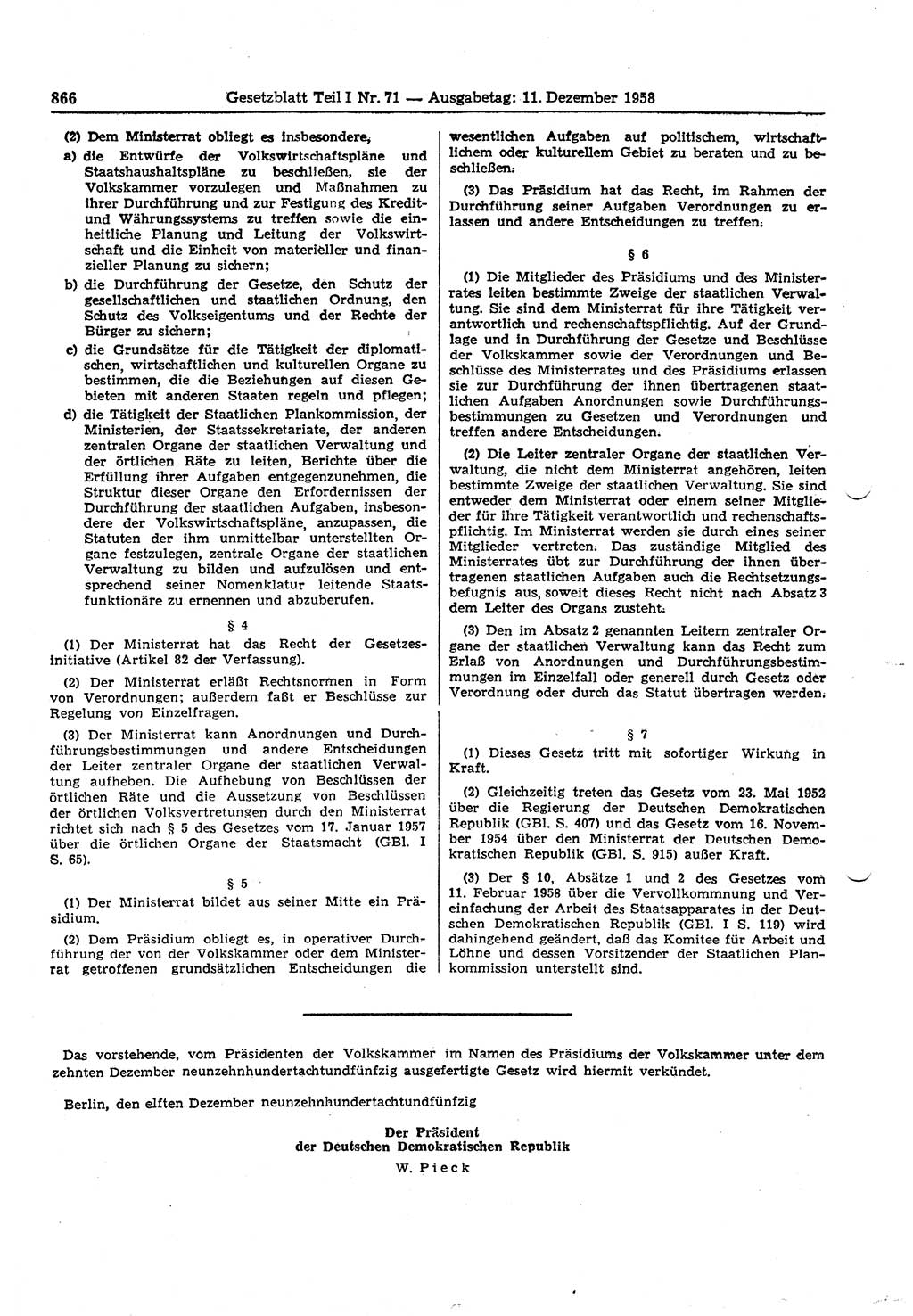 Gesetzblatt (GBl.) der Deutschen Demokratischen Republik (DDR) Teil Ⅰ 1958, Seite 866 (GBl. DDR Ⅰ 1958, S. 866)