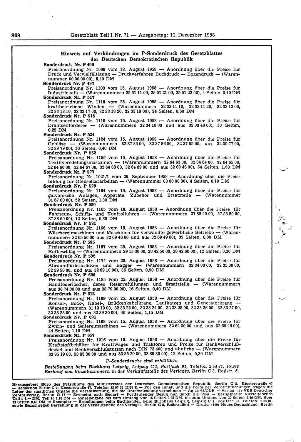Gesetzblatt (GBl.) der Deutschen Demokratischen Republik (DDR) Teil Ⅰ 1958, Seite 868 (GBl. DDR Ⅰ 1958, S. 868)