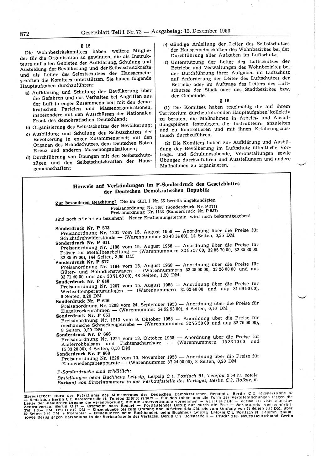 Gesetzblatt (GBl.) der Deutschen Demokratischen Republik (DDR) Teil Ⅰ 1958, Seite 872 (GBl. DDR Ⅰ 1958, S. 872)