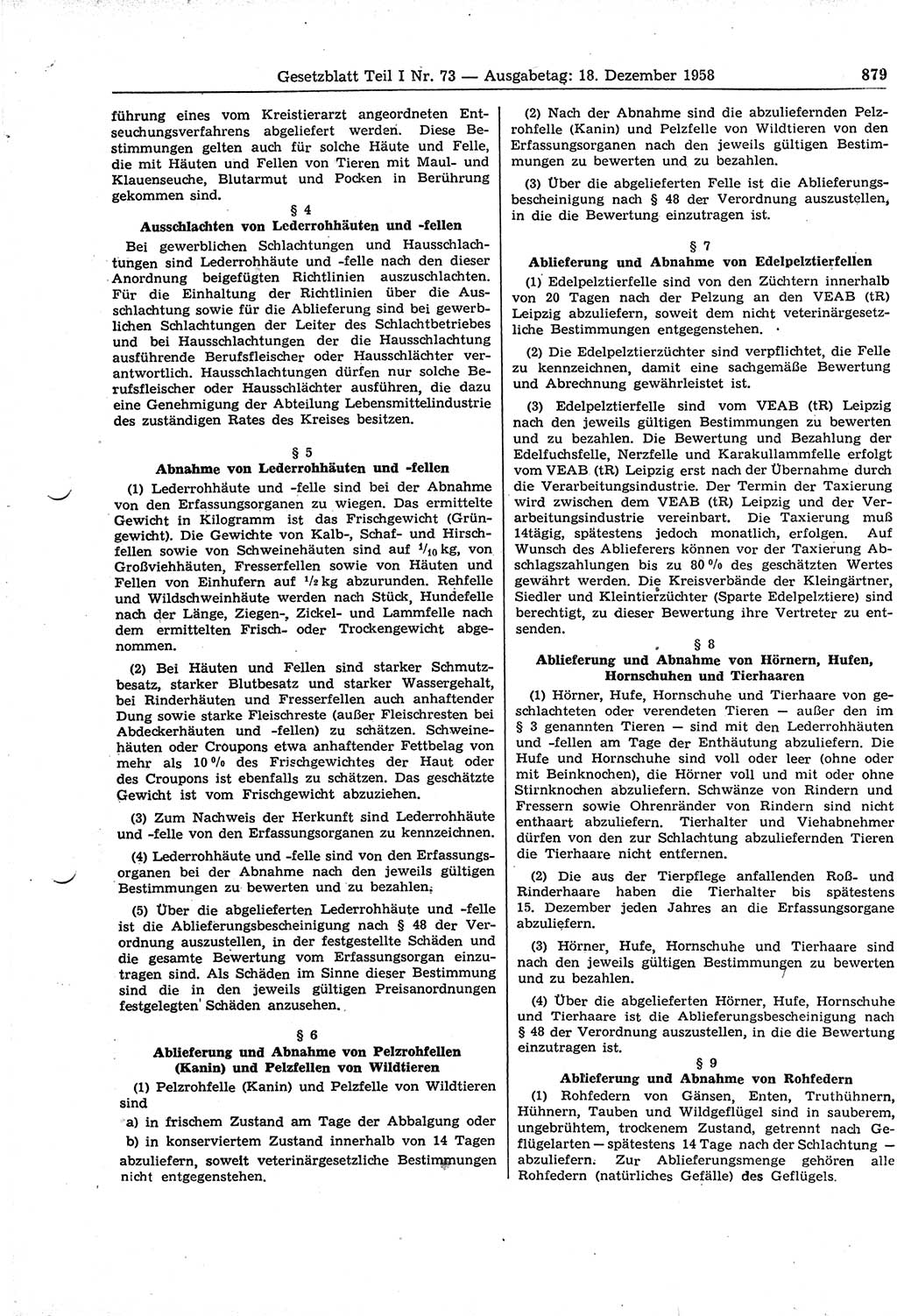 Gesetzblatt (GBl.) der Deutschen Demokratischen Republik (DDR) Teil Ⅰ 1958, Seite 879 (GBl. DDR Ⅰ 1958, S. 879)