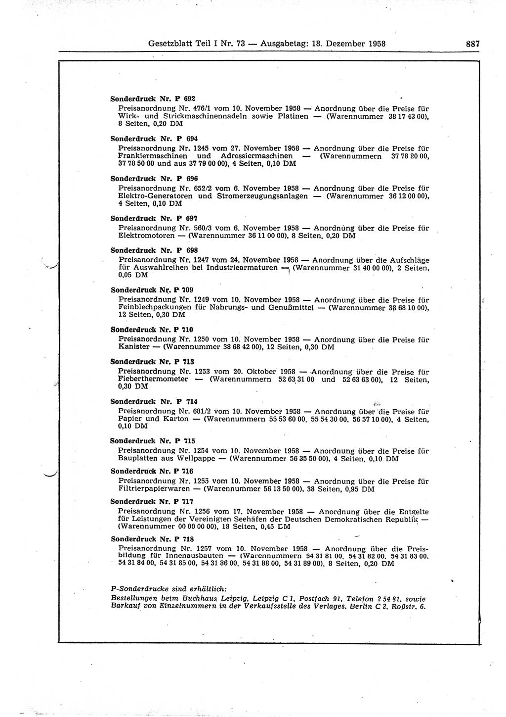 Gesetzblatt (GBl.) der Deutschen Demokratischen Republik (DDR) Teil Ⅰ 1958, Seite 887 (GBl. DDR Ⅰ 1958, S. 887)