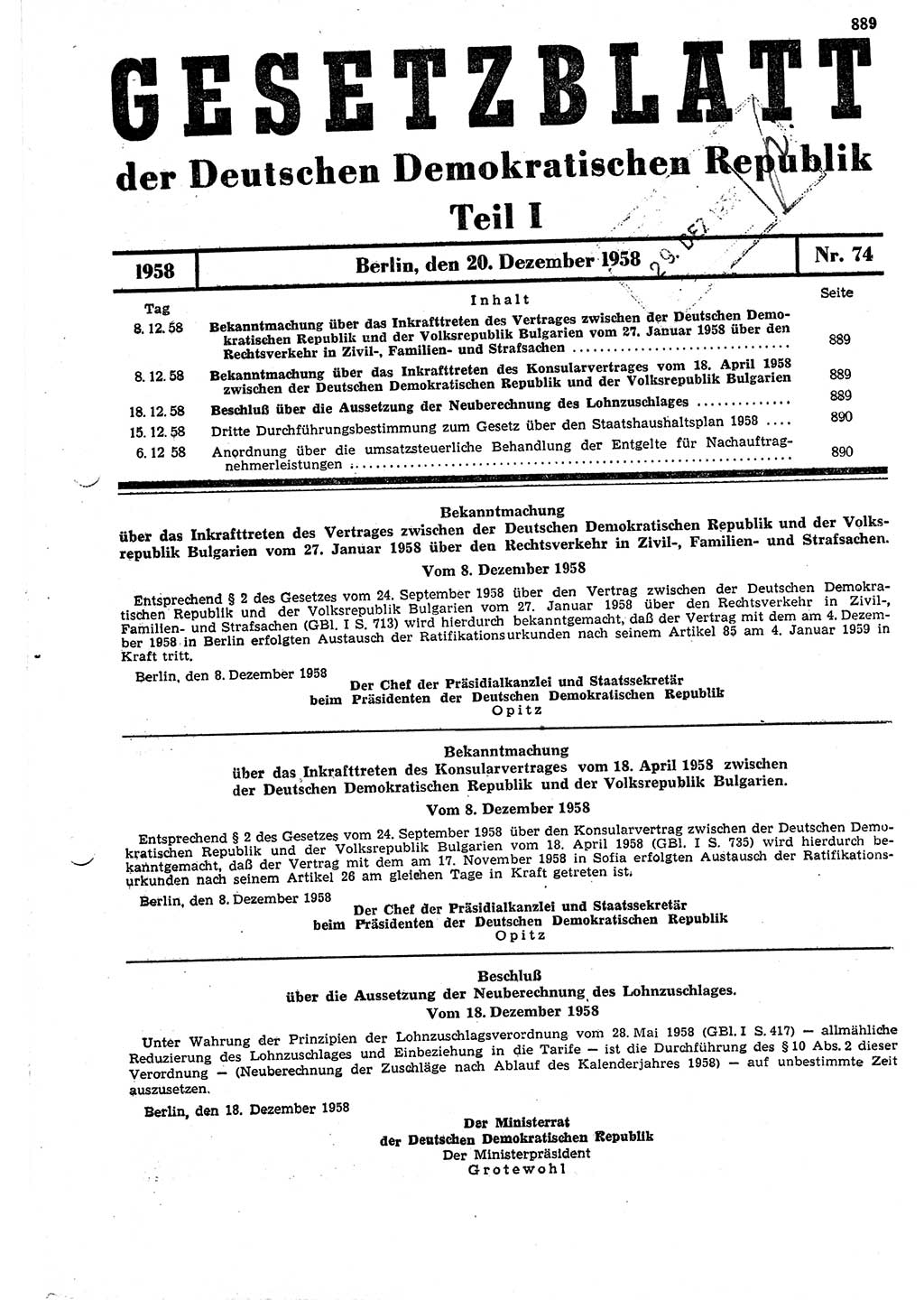 Gesetzblatt (GBl.) der Deutschen Demokratischen Republik (DDR) Teil Ⅰ 1958, Seite 889 (GBl. DDR Ⅰ 1958, S. 889)