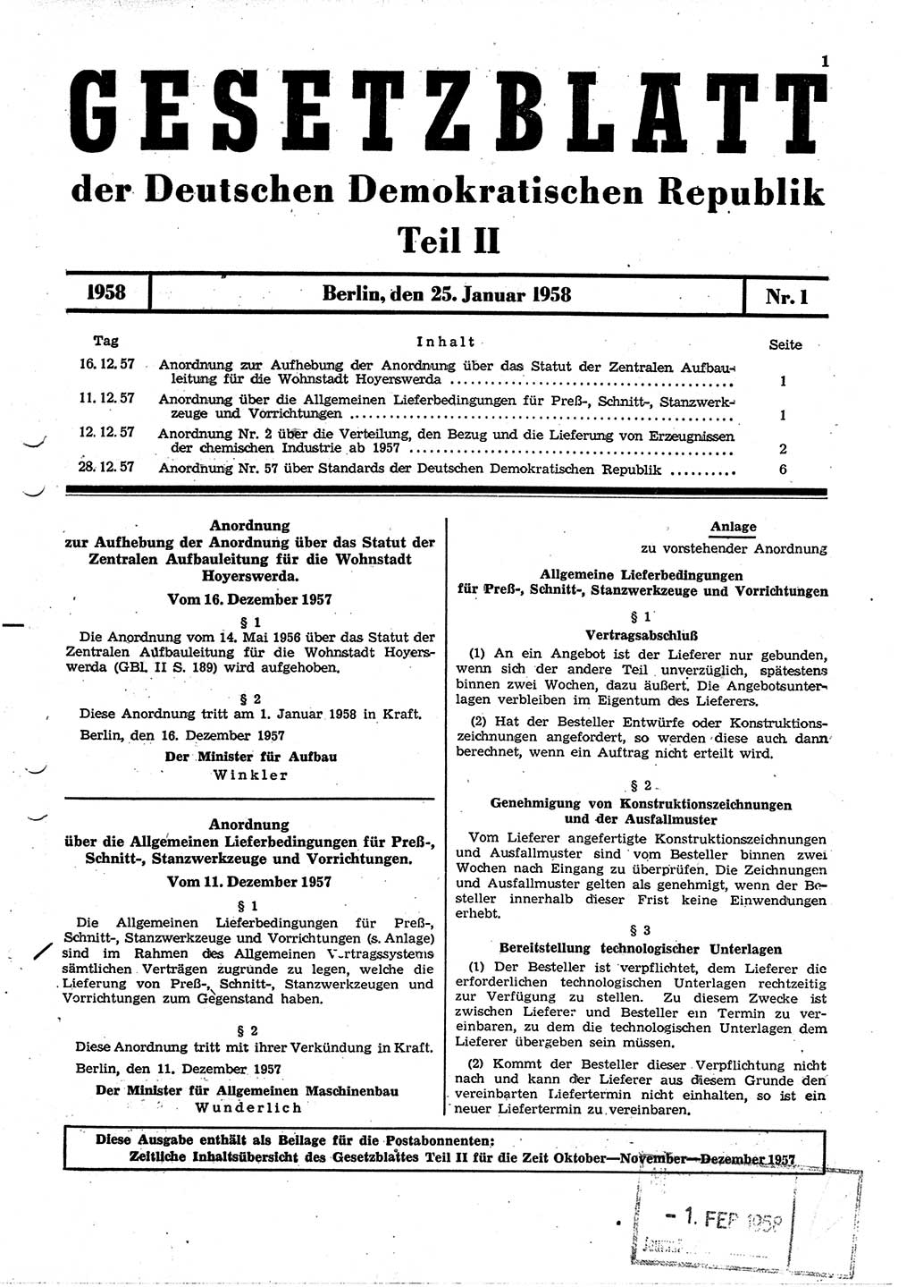 Gesetzblatt (GBl.) der Deutschen Demokratischen Republik (DDR) Teil ⅠⅠ 1958, Seite 1 (GBl. DDR ⅠⅠ 1958, S. 1)