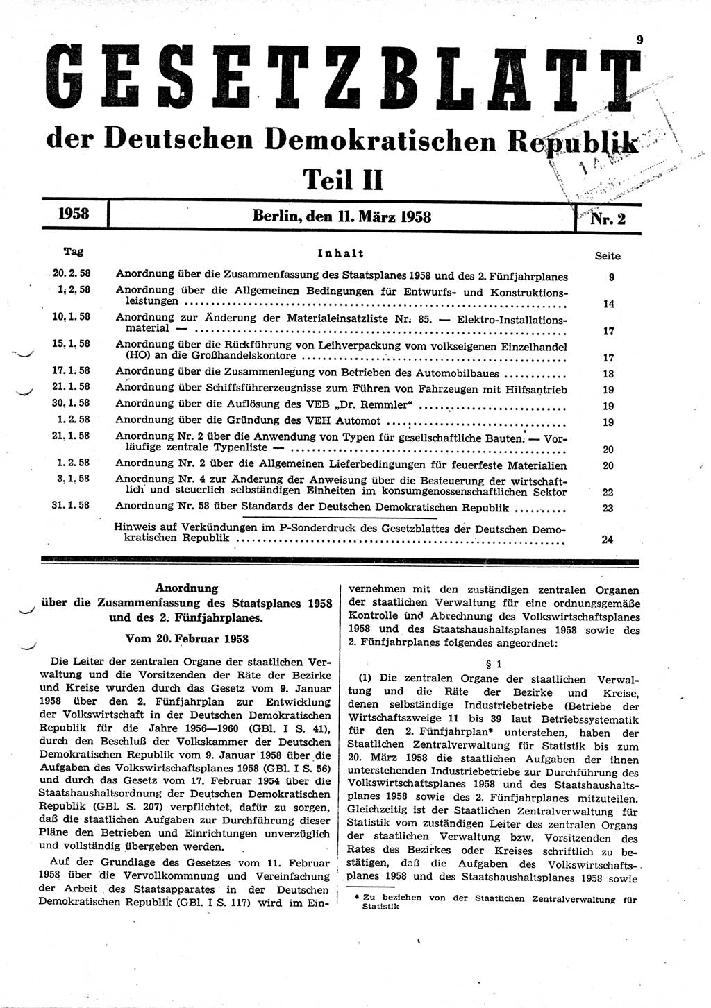 Gesetzblatt (GBl.) der Deutschen Demokratischen Republik (DDR) Teil ⅠⅠ 1958, Seite 9 (GBl. DDR ⅠⅠ 1958, S. 9)